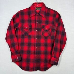 Vintage KMart Wool Short Mens M Red Wool Shadow Plaid Long Sleeve Button Up